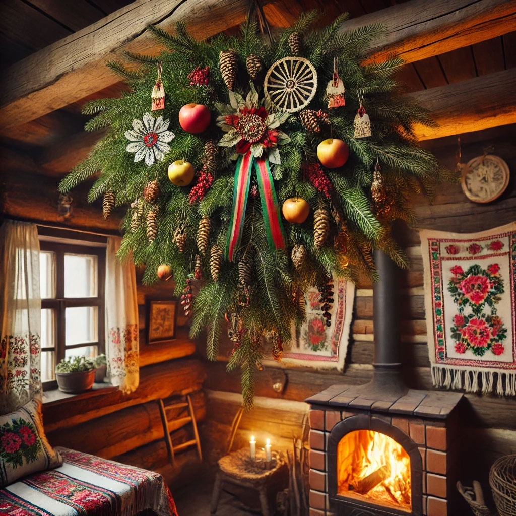 Bieszczadzkie tradycje świąteczne pokazują że dawniej symbolem nie była choinka, lecz podłaźniczka, zwana również jutką. Był to wierzchołek jodełki, który wieszano na suficie i dekorowano ciastkami, jabłkami oraz opłatkami.